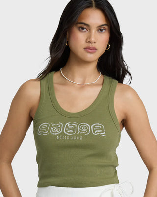 Billabong Stirred Up Tank in Dark Olive — snug fit, scoop neck, screen print art, cotton-rich 2x1 ribbed fabric with spandex stretch