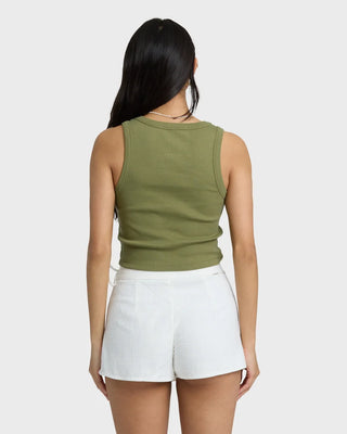 Billabong Stirred Up Tank in Dark Olive — snug fit, scoop neck, screen print art, cotton-rich 2x1 ribbed fabric with spandex stretch