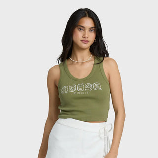 Billabong Stirred Up Tank in Dark Olive — snug fit, scoop neck, screen print art, cotton-rich 2x1 ribbed fabric with spandex stretch