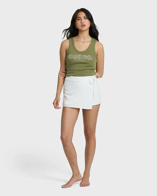 Billabong Stirred Up Tank in Dark Olive — snug fit, scoop neck, screen print art, cotton-rich 2x1 ribbed fabric with spandex stretch