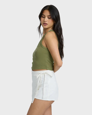 Billabong Stirred Up Tank in Dark Olive — snug fit, scoop neck, screen print art, cotton-rich 2x1 ribbed fabric with spandex stretch
