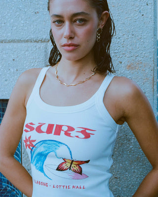 Billabong Lottie Hall Tank in Salt Crystal, fitted rib cotton tank with scoop neck and front screen print.