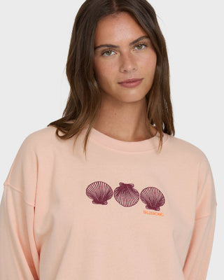 Billabong Chasing Horizons Crew Fleece in Light Peach, relaxed cotton-poly sweatshirt with crew neck and embroidery.