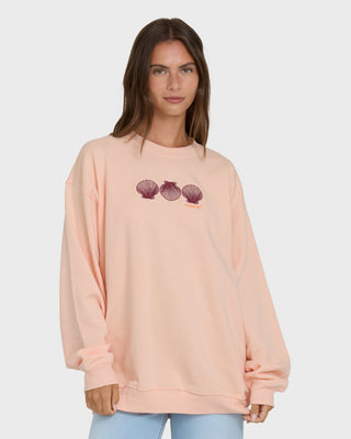 Billabong Chasing Horizons Crew Fleece in Light Peach, relaxed cotton-poly sweatshirt with crew neck and embroidery.