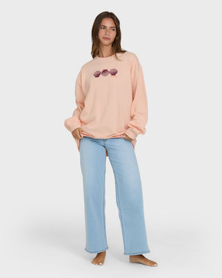 Billabong Chasing Horizons Crew Fleece in Light Peach, relaxed cotton-poly sweatshirt with crew neck and embroidery.