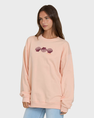 Billabong Chasing Horizons Crew Fleece in Light Peach, relaxed cotton-poly sweatshirt with crew neck and embroidery.
