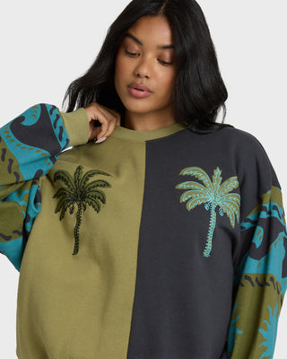 Cedar Billabong crewneck sweatshirt with color block panels and split palm graphic, finished with embroidery and relaxed fit.