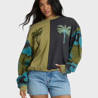 Cedar Billabong crewneck sweatshirt with color block panels and split palm graphic, finished with embroidery and relaxed fit.