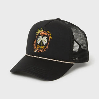 Off black Billabong trucker hat with embroidered graphic, curved bill, mesh back, and adjustable snapback closure.