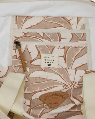 Billabong Poppins Playa Zip Top Tote in Stone, cotton canvas tote bag with zip closure and logo patch.