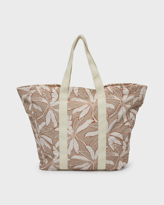 Billabong Poppins Playa Zip Top Tote in Stone, cotton canvas tote bag with zip closure and logo patch.