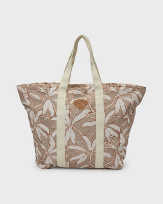 Billabong Poppins Playa Zip Top Tote in Stone, cotton canvas tote bag with zip closure and logo patch.