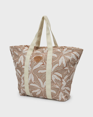 Billabong Poppins Playa Zip Top Tote in Stone, cotton canvas tote bag with zip closure and logo patch.
