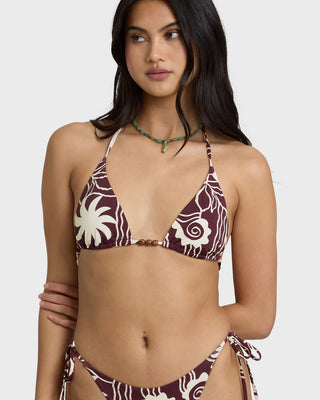 Billabong Sol Playa Remi Tri Top in Red Dahlia - triangle bikini top with recycled nylon, adjustable ties, removable cups, and faux wood beads