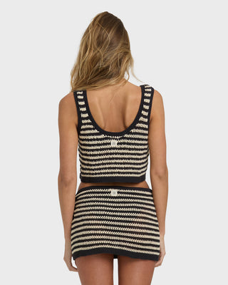 Billabong Laura Flip Tide Tank in Black, boxy cotton tank with faux crochet stripe and scoop necklines.
