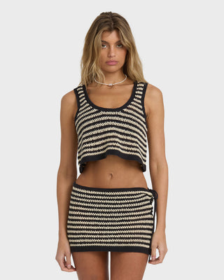 Billabong Laura Flip Tide Tank in Black, boxy cotton tank with faux crochet stripe and scoop necklines.