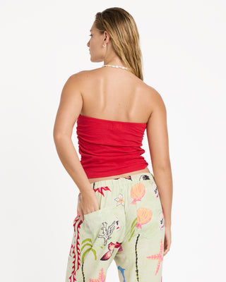 Billabong Lottie Hall Splasher Knit Tube True Red, fitted crinkle jersey tube top with shelf bra and dolphin charm.