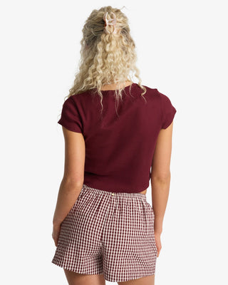 Billabong Sun Fade Printed Shorts Red Dahlia, cotton crosshatch woven shorts with elastic waist, side pockets, and metal logo plate.