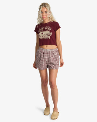 Billabong Sun Fade Printed Shorts Red Dahlia, cotton crosshatch woven shorts with elastic waist, side pockets, and metal logo plate.