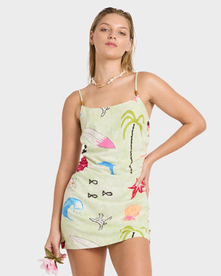 Billabong Lottie Hall Woven Dress in Sunny Lime, body-skimming mini dress with wooden bead straps and back zipper.