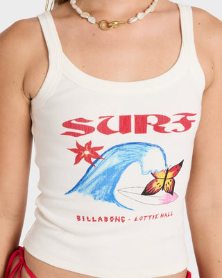 Billabong Lottie Hall Tank in Salt Crystal, fitted rib cotton tank with scoop neck and front screen print.