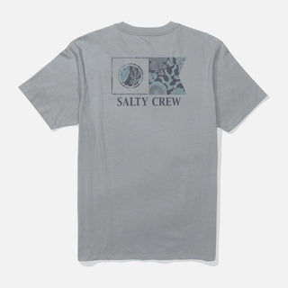 Quarry gray Salty Crew Flagship t-shirt with front and back graphics, premium fit shape, and soft cotton finish.