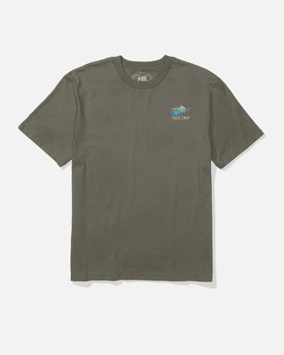 Green t-shirt with a small logo on a white background
