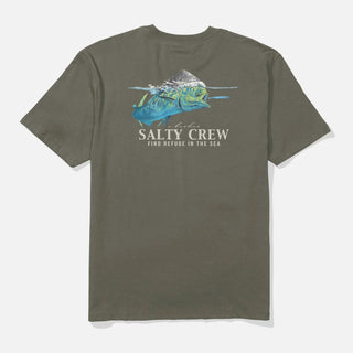 Green t-shirt with Salty Crew graphic on a white background