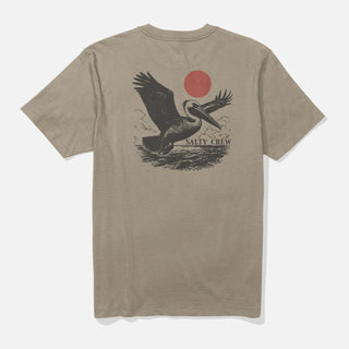 Beige t-shirt with a pelican graphic and 'Salty Crew' logo on a white background