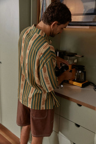 Rhythm Propagate Short Sleeve Buttonup in Aloe, relaxed fit 100% cotton shirt in aloe green with subtle vertical stripe, tortoise shell buttons, and standard Rhythm trims