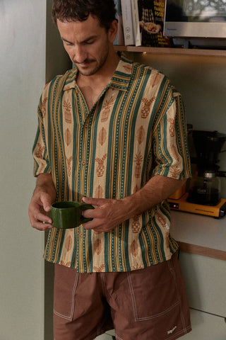 Rhythm Propagate Short Sleeve Buttonup in Aloe, relaxed fit 100% cotton shirt in aloe green with subtle vertical stripe, tortoise shell buttons, and standard Rhythm trims