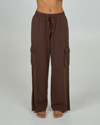 Salty Crew Driftwood Pant in espresso, vintage washed cargo style with drawcord waist and functional pockets.