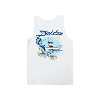 White tank top with a graphic design of dolphins and a ship, featuring the brand 'Dash & Leon'.