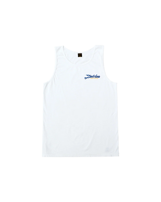 White tank top with a blue logo on a white background