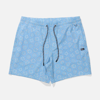 Blue patterned shorts with a drawstring on a white background