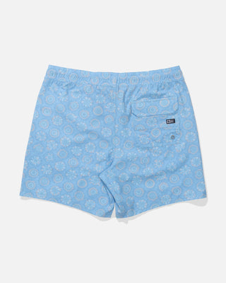 Blue patterned shorts on a white background