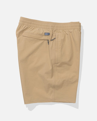 Salty Crew Crew 18" Boatshort Ewaist in Khaki with utility pocket details.
