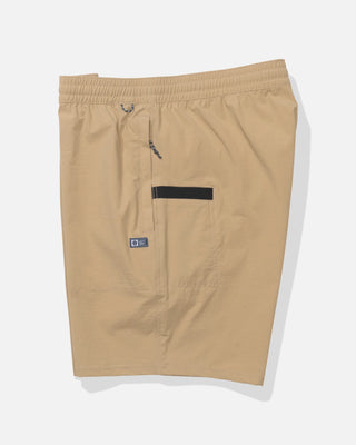 Salty Crew Crew 18" Boatshort Ewaist in Khaki with utility pocket details.