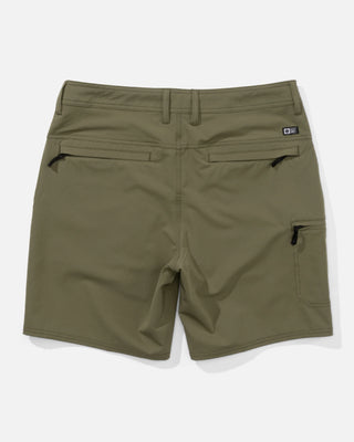 Dusty olive Salty Crew Transom Tech shorts with stretch performance fabric, utility cargo pocket, and zippered storage details.