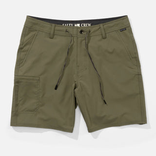 Dusty olive Salty Crew Transom Tech shorts with stretch performance fabric, utility cargo pocket, and zippered storage details.
