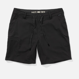 Phantom black Salty Crew Transom Tech shorts with stretch quick-dry fabric, zippered cargo pocket, and secure storage details.