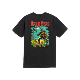 Black t-shirt with a colorful graphic and 'Dark Seas' text on a white background