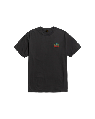 Black t-shirt with a small logo on the chest against a white background