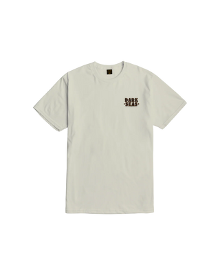 Beige t-shirt with a logo on the chest against a white background