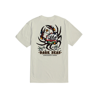 Beige t-shirt with a graphic design on the back on a white background