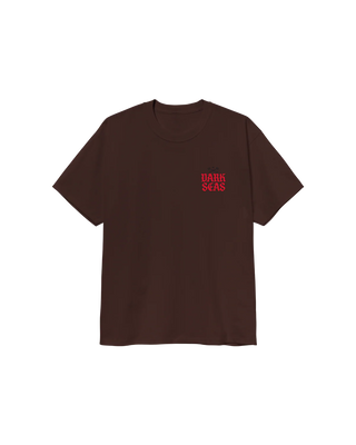 Dark Seas Be Afraid Heavyweight Tee in Java Brown with graphic prints.

