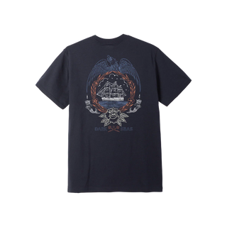 Navy blue t-shirt with a graphic design on the back against a white background