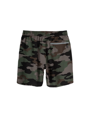 Dark Seas No Sweat athletic shorts in camo with moisture-wicking fabric, reflective details, and secure pockets.