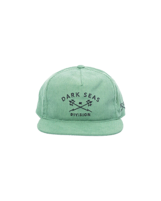 Dark Seas Tridents corduroy snapback hat in green with satin stitch embroidery and Tridents logo on side.