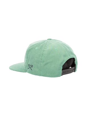 Dark Seas Tridents corduroy snapback hat in green with satin stitch embroidery and Tridents logo on side.